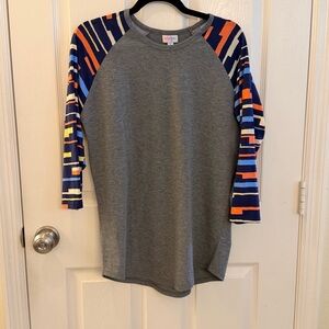 LuLaRoe Gray Raglan Top with Navy, Orange & Yellow Stripe Sleeves